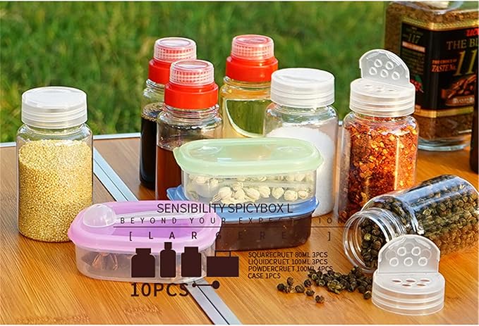 10 Pcs PET Plastic Spice Jars Moisture Proof Condiment Container with Lid - Camping Picnic Outdoor Kitchen Spice Shaker Seasoning Organizer Bottle for Storing Herb Salt Sugar Pepper Spices