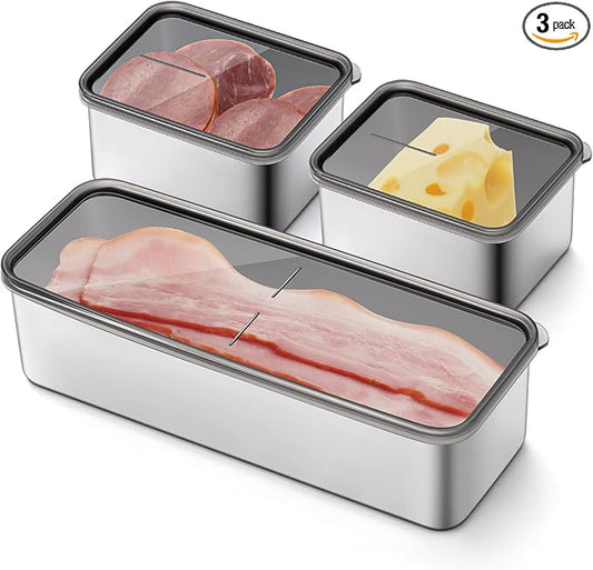 Hushee 3 Pcs Deepen Bacon Cheese Container Large Capacity 304 Stainless Steel Storage with Lids Deli Meat Container Dishwasher Safe Fridge Organizer for Fruit Lunch Storage
