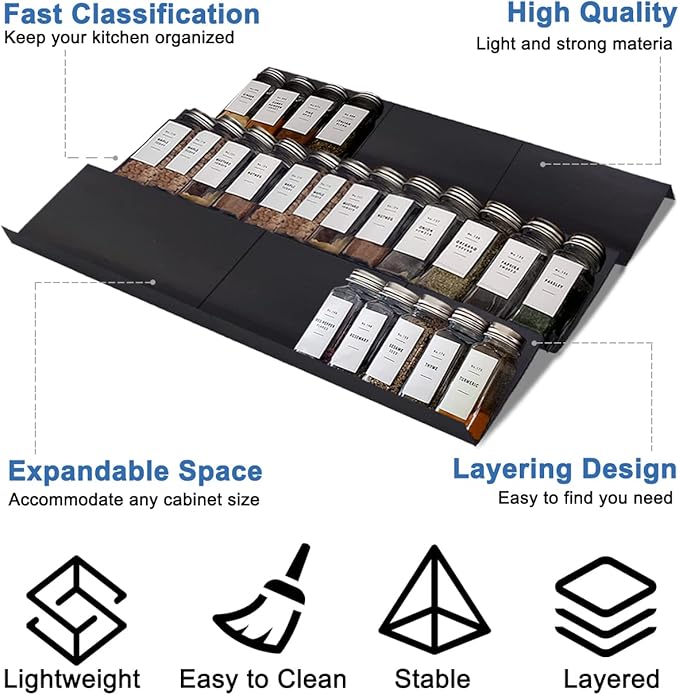 Expandable Spice Drawer Rack Organizer Insert for Kitchen Cabinet - Multi Tier Adjustable Spice Storage Shelf for Seasoning and Jar, Pack of 9