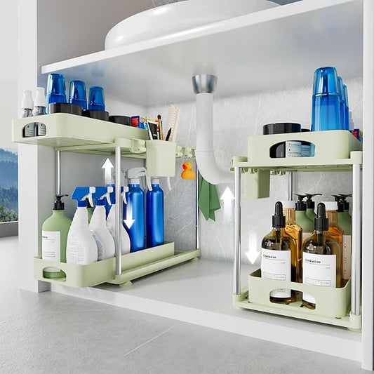 Under Sink Organizer, 2 Pack Under Kitchen Bathroom Cabinet Organizer, 2 Tier Under Bathroom Kitchen Sink Organizer, Adjustable Height Bathroom Kitchen Cabinet Organizers and Storage, Green
