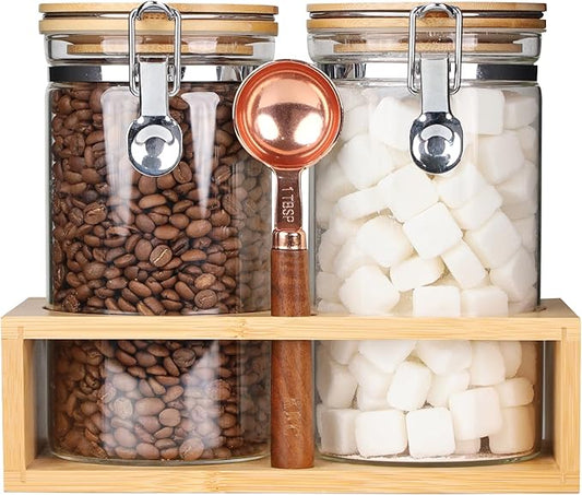 KKC HOME ACCENTS Airtight Borosilicate Glass Coffee Beans & Loose Tea Storage Canisters with Bamboo Clamp Lid & Scoop - Glass Food Storage Jars for Nuts,Sugar, Kitchen Pantry Organization - 40 Fl.Oz