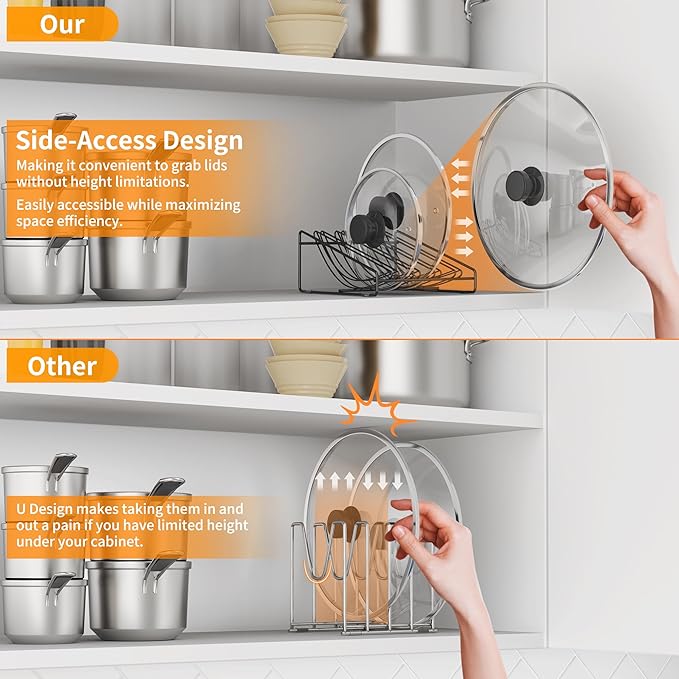 Pot Lid Organizer Rack, 5-slot Holder for Pot and Pan Lids, Space-Saving Kitchen Cabinet Organizer, Pan Lid Organizer,Pot Lid Holder,Side-Access Design