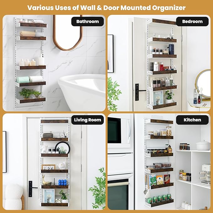Over The Door Organizer - 6-Tier Pantry Organizer & Storage Shelf, Wooden Spice Rack with 12 Hooks, Multipurpose Behind Door Storage Solution for Kitchen, Bathroom, or Closet Wall Mount Use