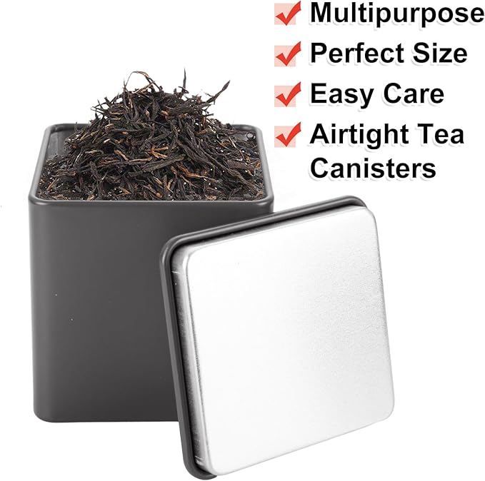 12 Pack Square Black Metal Tins, Small Tea Tin Canisters, 3 Oz Loose Leaf Tea Storage Containers with Airtight Lids, Square Tea Containers for Loose Teas, Herbs, Coffee, Cube Sugar