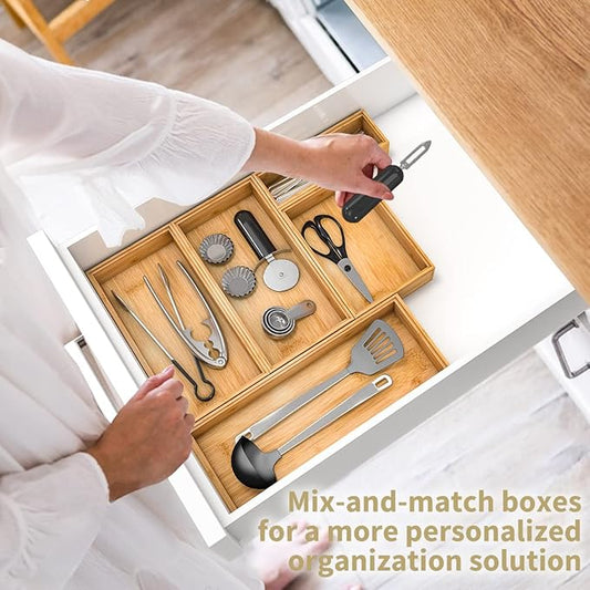 Stackable Bamboo Kitchen Drawer Organizer, Stackable Silverware Tray Utensil Organizer Holder for Kitchen Drawers, Multi-Use Storage Box for Office Desk, Makeup, Jewelry - 2 Pack, (12x6x2.5 inch）