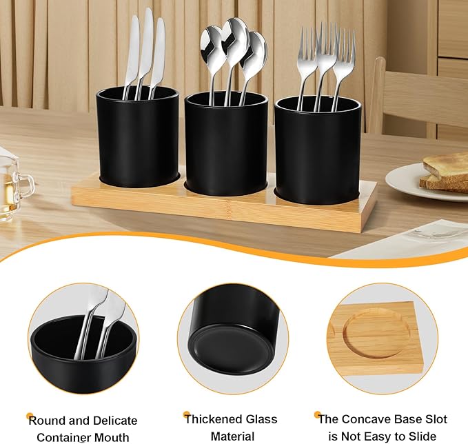 Silverware Organizer Countertop, 4 Pieces Utensil Holder for Kitchen Counter, Silverware Caddy for Party with Bamboo Tray, Farmhouse Black Utensil Holder Storage Organizer