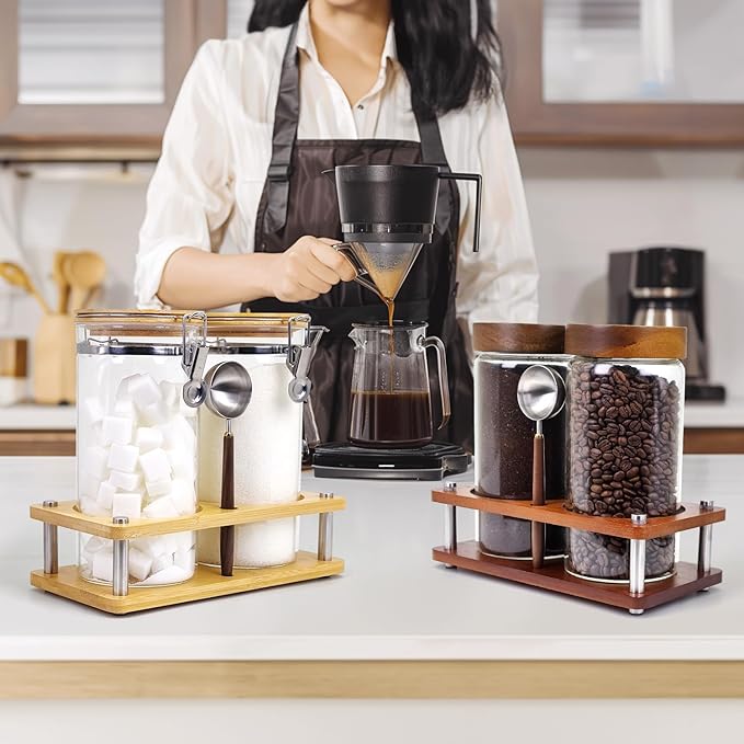 Glass Coffee Grounds Container with Shelf, 2 × 45 oz Glass Coffee Canister with Airtight Locking Clamp,Glass Storage Jars with Metal Spoon for Coffee Bean, Sugar, Nut