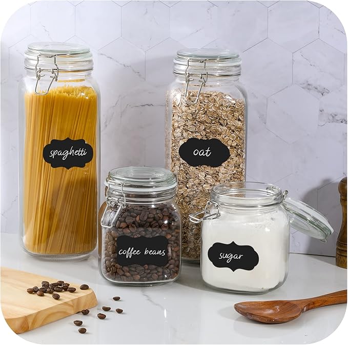 VITEVER [ Taller ] Glass Jars with Airtight Lid, 92oz/34oz Large Glass Food Storage Jars, 4 Pack Wide Mouth for Kitchen Pantry Spaghetti, Square Mason Jars with Labels