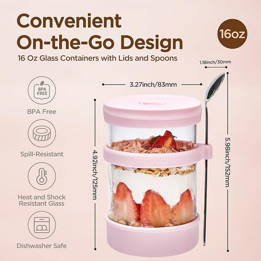 Glass Overnight Oats Containers with Lids of Silicone and Spoon 16 oz [2 Pack], Airtight Overnight Oats Jars with Silicone Lid, For Yogurt Containers Chia Pudding Jars Snack Spice (Pink)