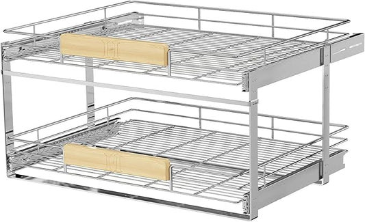 LOVMOR 2 Tier Pull Out Cabinet Organizer 31½" W x 21½" D, Slide Out Drawers with Wooden Handle, Sliding Shelves Organization and Storage for Kitchen, Pantry