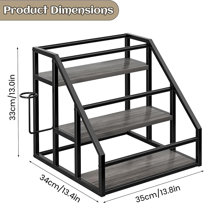 Coffee Syrup Rack Organizer, Spice Racks, Syrup Bottle Holder Stand for Coffee Bar, 3-Tier 12 Bottles Storage Shelves for Syrup, Wine, Dressing for Kitchen Countertop, Grey