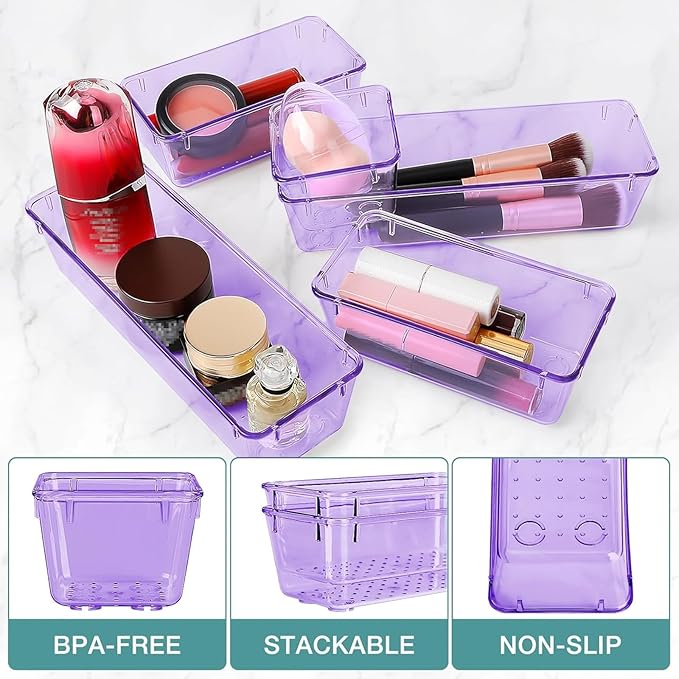 13 PCS Drawer Organizer Set, 5 Varied Size Bathroom and kitchen Drawer cabinet organizer Trays, Clear Storage Bins for Makeup, Jewelry, Utensils and Gadgets, Purple