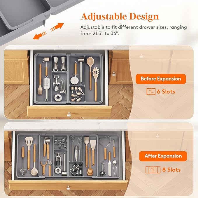 Lifewit Large Utensil Organizer for Kitchen Drawer, Expandable From 21 to 36 Inches, Adjustable Cooking Silverware Tray, Plastic Cutlery Flatware Holder, Spatula Tools Gadgets Storage Divider, Gray