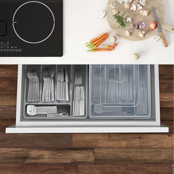 Silverware Organizer with Lid for Drawer, Plastic Utensil Holder for Countertop, Flatware Organizer Cutlery Tray with Cover 5 Compartments (2 Layer-Gray)