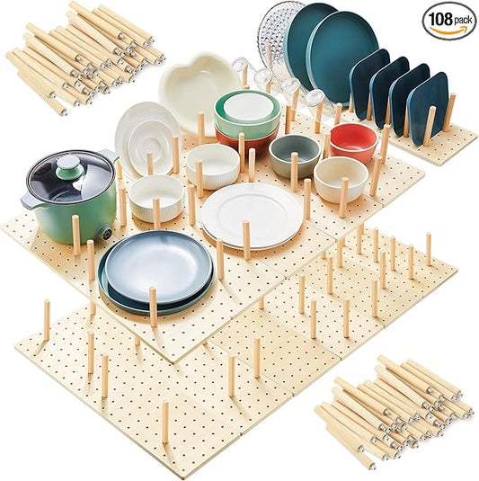 Kigley 12 Pcs Pegboard Drawer Organizer with 96 Drawer Peg Wood Peg Board Wooden Kitchen Plate Organizer for Dishes Food Containers Cookware Utensils(21 Inch,Wood Color)