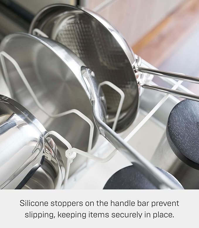 YAMAZAKI home 3840 Adjustable Lid & Pan Organizer-Kitchen Drawer Storage Shelf Rack, One Size, White