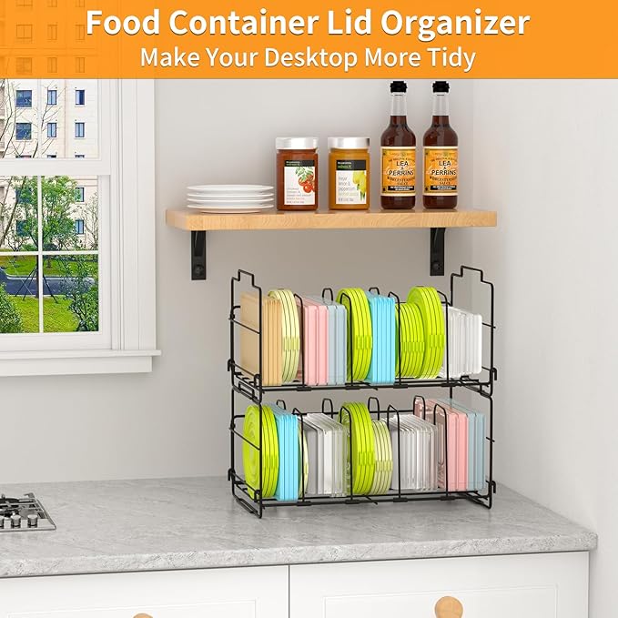 2 Tiers Stack Food Storage Container Lid Organizer 8 Dividers Storage Container Lid Holder Rack for Cabinets, Cupboards, Pantry Shelves, Drawers to Keep Kitchen Tidy, Black