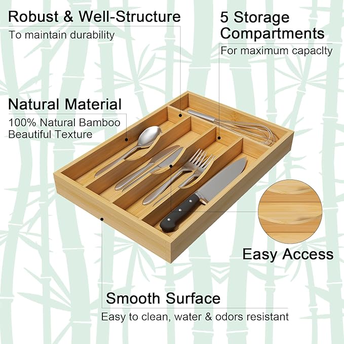 Bamboo Utensil Organizer for Kitchen Drawers, Utensil Tray and Cutlery Silverware Holder,Wood Drawer Dividers with 5 Slots