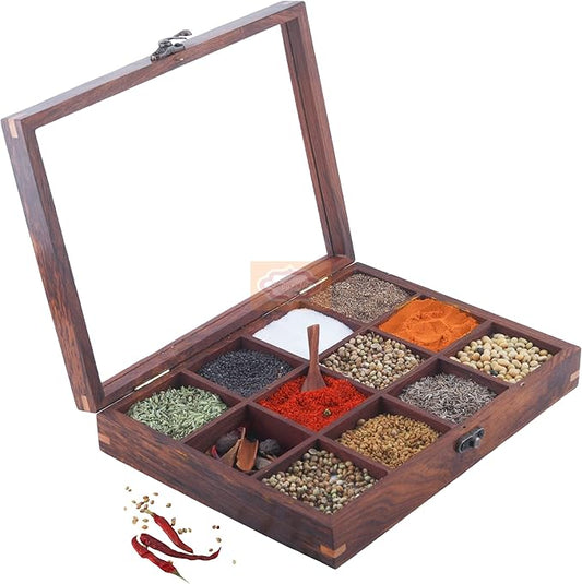 Ortus Arts Wood table top 12 Compartment Spice Box with Spoon - Wooden Masala Box Set for Kitchen Masala Daani Namak Dani Dabba Multipurpose Decorative Boxes Holder