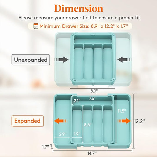 Lifewit Silverware Drawer Organizer, Expandable BPA Free Utensil Tray for Kitchen, Adjustable Flatware and Cutlery Holder for Spoons Forks Knives, Plastic Kitchen Organizers and Storage, Turquoise