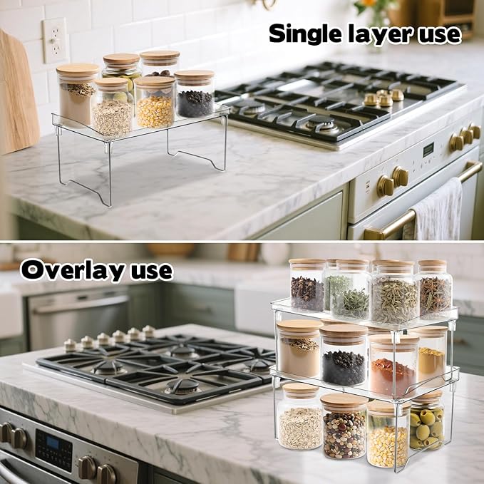 Rainmae 2 Pcs Spice Rack Organizer, Cabinet Organizer Shelf，Stackable Kitchen Counter Shelves, Countertop Organizers, Clear Plastic Storage Shelves Rack for Makeup Bathroom Desk Pantry Organization