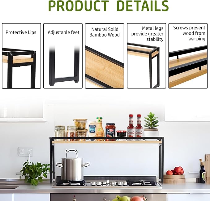 Stove Top Shelf - Over the Stove Shelf for Kitchen, 31.5" Countertop Spice Rack Organizer Shelf, Stove Shelf Kitchen Space Savers, Protective Lips and Metal Legs, Easy to Assemble