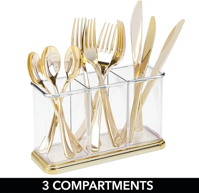mDesign Plastic Cutlery Utensil Holder Storage Organizer Caddy for Kitchen Countertop Organization - Holds Fork, Knife, Spoon, Silverware - 3 Divided Sections - Hyde Collection - Clear/Soft Brass