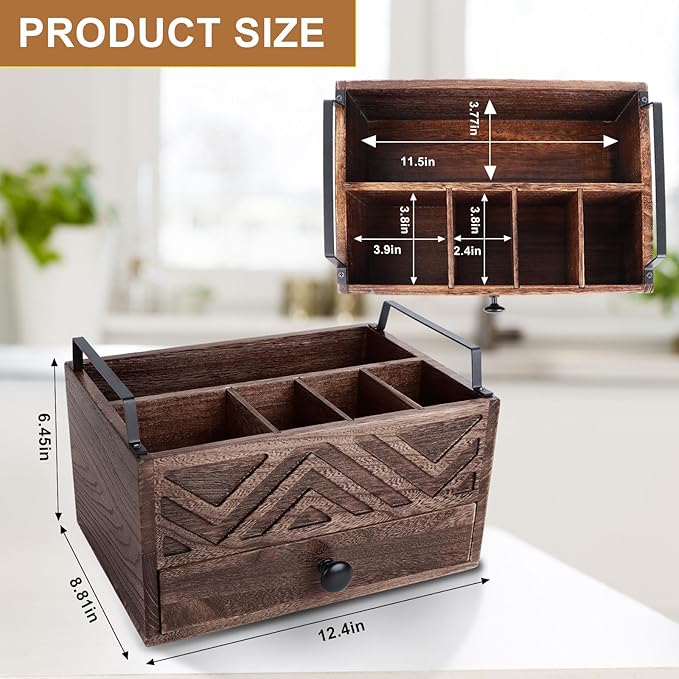 Paper Plate Dispenser with Drawer, country style Wood Kitchen Counter, Picnic, Party, Camping - Caddy Organizer for Cups, Spoons, Forks, Plates, office supplies, Napkins & Silverware
