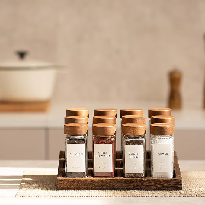 Yangbaga Glass Spice Jars with Labels: 24p 4oz Wide Mouth Square Bottle and 2 Rack w/Pepper Grinder&Funnel - Airtight Lid & Dishwasher Safe - Kitchen Pantry Daily Use - Gift for Newlyweds/Households