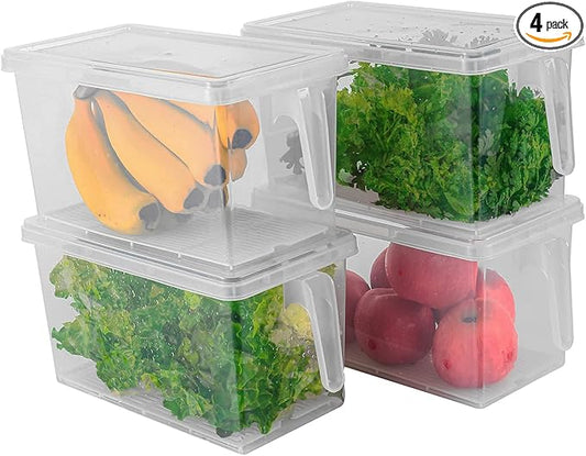 Sooyee Produce Saver Containers for Refrigerator with Drain Tray, 5L x 4 Stackable Fruit Storage Containers for Fridge,Vegetable Storage Keep Fresh for Lettuce,Salad,Berry, Salad,Meat and Fish