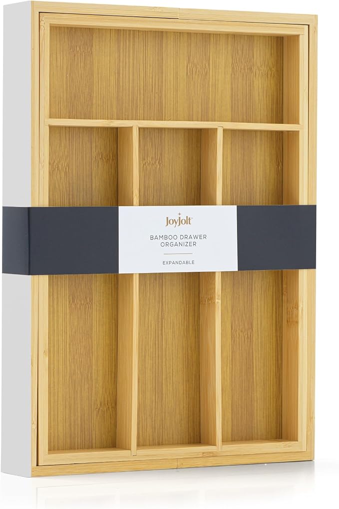 JoyJolt Bamboo Expandable Drawer Organizer for Kitchen Utensils, Adjustable Cutlery Tray, Bamboo Drawer Dividers Organizer for Silverware, Flatware, Knives in Kitchen, Bedroom (4-6 Slots)