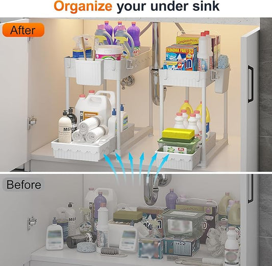 4-Pack Under Sink Organizer, 2-Tier Multi-Use Pull Out Kitchen Bathroom Organizers and Storage with Sliding Drawer, Cabinet Organizer with 2 Hanging Cups and Multi-type Hooks (White)
