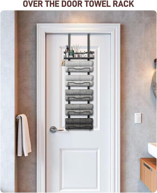 Hanging Towel Racks for Bathroom No Drill - 6-Tier Over The Door Bath Towel Storage Organizer for Small Bathrooms - Tiered Back of Door Towel Holder Hanger for Rolled Towels RV Camper Black