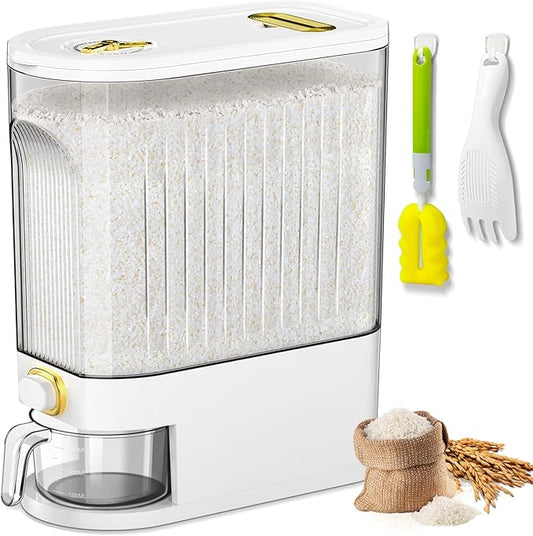 22 Lbs Rice Dispenser, Large Dry Food Storage Container with with Measuring Cup & Time Scale, Food Dispenser Kitchen Organization and Pantry Store for Cereal Dry Food (White)