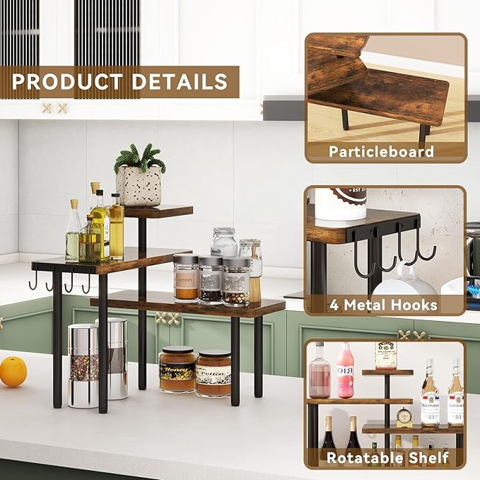 IBUYKE Countertop Organizer,3-Tier Spice Racks,Kitchen Counter Corner Shelf,4 Side Hooks,Adjustable Countertop Shelf for Kitchen, Bathroom, Coffee Bar, Cabinet, Desk,Rustic Brown,TLJ023H