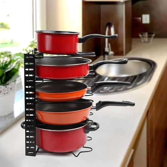 Vdomus Adjustable Pots and Pans Rack for Kitchen - Height Adjustable Rack - Kitchen Cookware Storage - Cabinet and Pantry Pan and Pot Lid Holder Organizer - Black Metal (Black) - 8.3"D x 15"W x 10"H