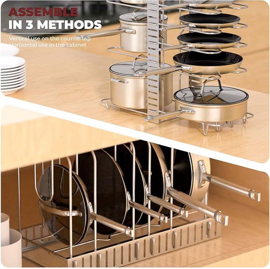 Vdomus Pot Rack Organizer - 3 DIY Methods, Pan and Lid Storage for Cabinet Organizing, 8+ Pot and Pan Holder, Adjustable Pot Rack Lid Holder (Silver)