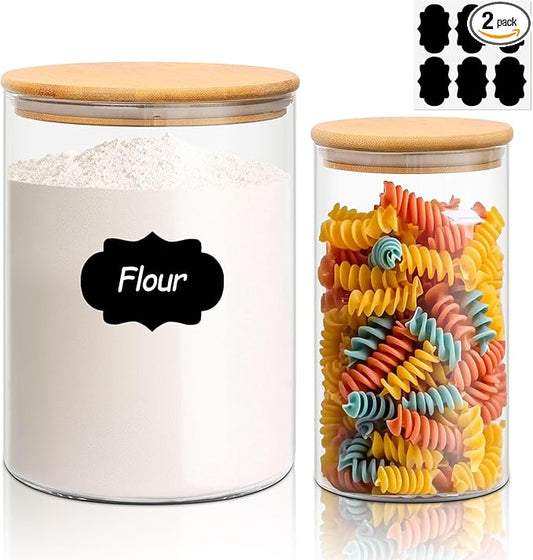 ComSaf Glass Jar with Airtight Lid (102 oz/41 oz), Glass Food Storage Container with Bamboo Lid, Clear Glass Food Canister Set of 2 for Dry food like Rice, Sugar, Flour, Pasta, Cereal, Beans, Nuts