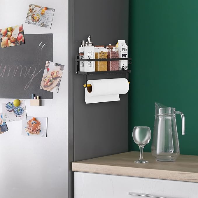 Spice Rack Magnetic Shelf, Foldable Refrigerator Magnetic Spice Holder, Wall Mounted Seasoning Organizer Hanging Spice Storage Stand with Paper Towel Holder Roll & Hooks