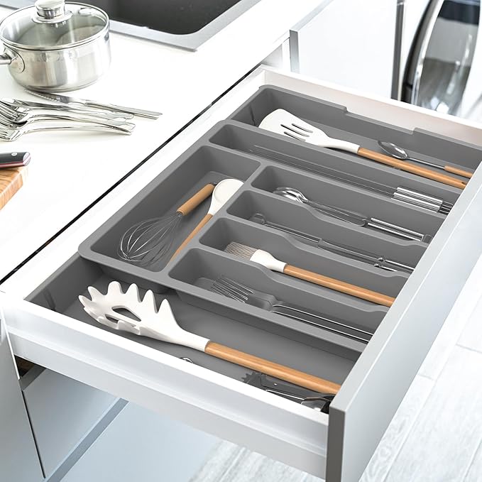 iDavosic.ly Silverware Drawer Organizer, Expandable Utensil Tray for Kitchen, Large Adjustable Plastic Cutlery Flatware Holder for Knife Fork Spoon with 8-10 Compartments, Gray