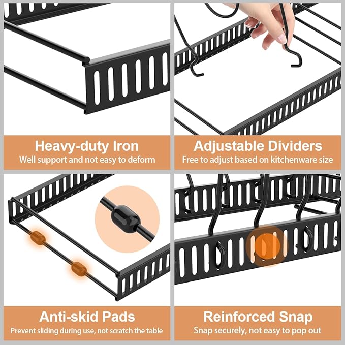 Pot and Pan Organizer Rack for Cabinet, Expandable Pot Lid Organizer Holder with 14 Adjustable Dividers, Fully Expanded Size 22.83" W x 7.09" D x 7.09" H, Black