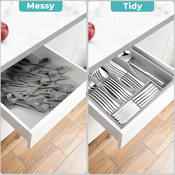 Bamboo Silverware Organizer,Wooden Silverware Tray for Drawer, Utensil Drawer Organizer in Kitchen for Spoons Forks Knives, Multipurpose Use, Eco-Friendly, Large
