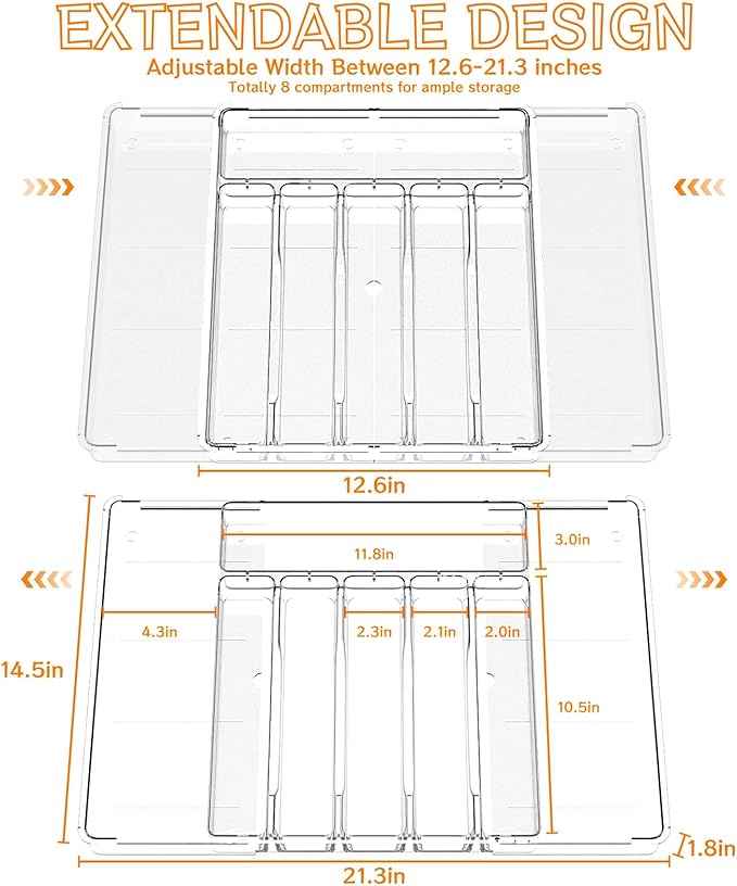 Acina Silverware Organizer for Kitchen Drawers: Expandable Cooking Utensil Tray - Adjustable Cutlery Flatware Holder - Spatula Tools Gadgets Storage Divider Clear (Expandable Tray with 8-Drawers)