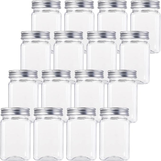 Bekith 12oz Clear Plastic Jars with Lids, Set of 16 Airtight Container for Food Storage, Refillable Square Empty Plastic Jars for Dry Food, Peanut Butter, Honey and Jam Storage