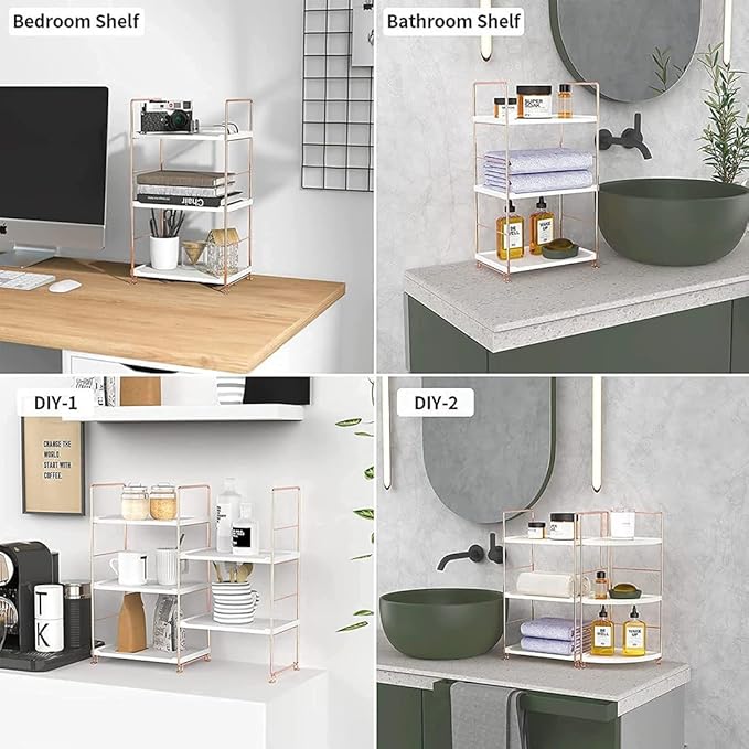 Plastic/Metal Freestanding Stackable Organizer Shelf,Bathroom Countertop Storage Shelf Cosmetic Organizer Holder Kitchen Spice Rack,3-Tier Standing Rack (Rose Gold)