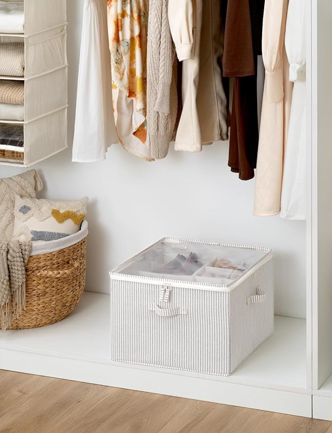 StorageWorks Shoe Organizer for Closet, Fits up to 16 Pairs, Shoe Cubby Storage Containers with Adjustable Dividers and Clear Cover, Gray and White Stripes
