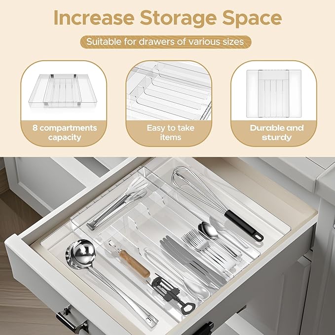 JYPS Silverware Organizer - Expandable Kitchen Drawer Organizer, Adjustable BPA Free Utensil Organizer, Cutlery Drawer Organizer for Forks, Knives, Clear Middle