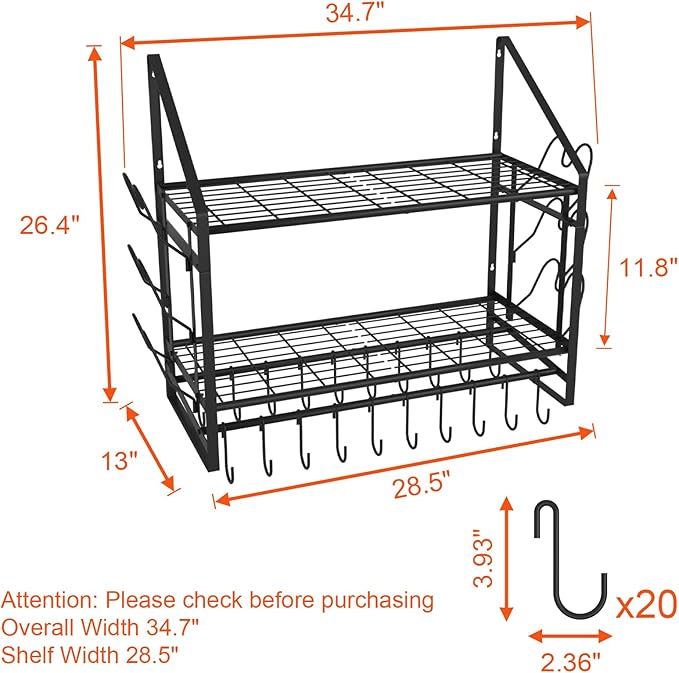 35 Inch Pot Rack Wall Mounted, 2 Tier Pots and Pans Organizer with 20 Hooks and 6 Pot Lid Holders, Heavy Duty Steel Pot and Pan Hanger for Kitchen Cookware Utensils Storage 34.7" Lx13 Wx26.4 H