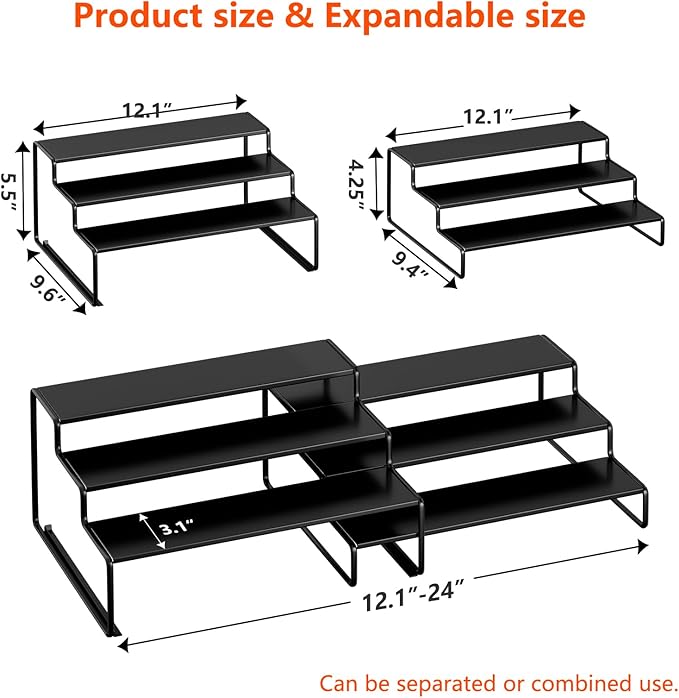 Simple Trending Spice Rack Organizer for Cabinet, 2 Pack 3 Tier Seasoning Organizer, Expandable Shelf, Step Storage Holder, Kitchen Cabinet Countertop, with Sliding Drawer, Metal, Black