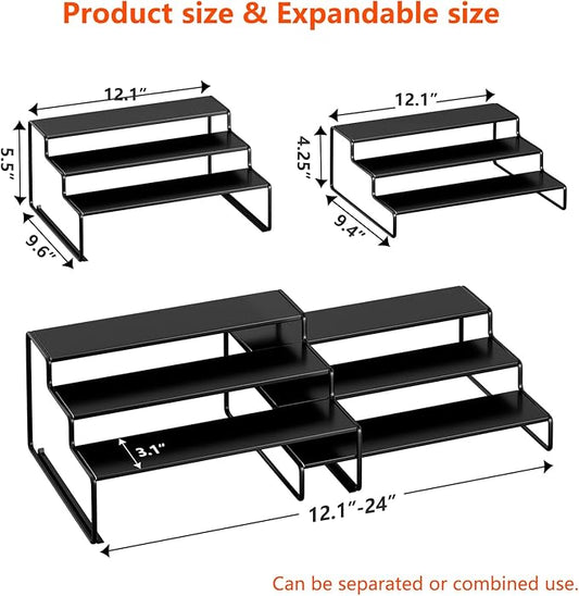 Simple Trending Spice Rack Organizer for Cabinet, 2 Pack 3 Tier Seasoning Organizer, Expandable Shelf, Step Storage Holder, Kitchen Cabinet Countertop, with Sliding Drawer, Metal, Black